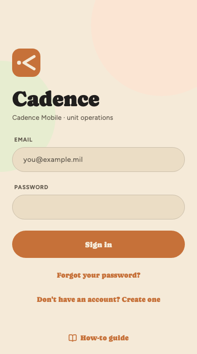 The Cadence sign-in screen with email and password fields, and a How-to guide link at the bottom.