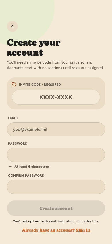 The Create your account screen, with the invite code box at the top, then email, password and confirm password.
