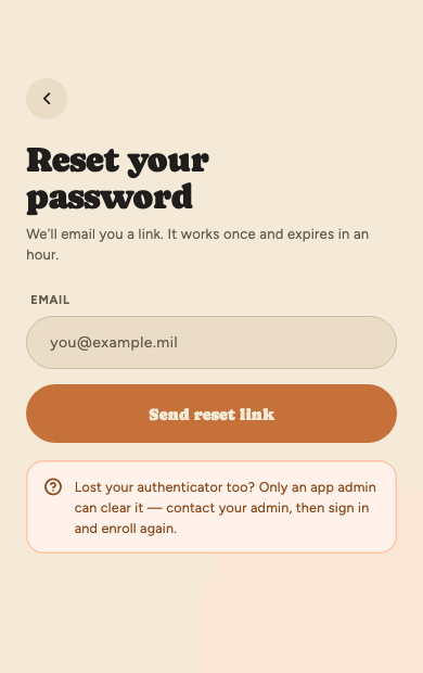The Reset your password screen with an email field and a Send reset link button.