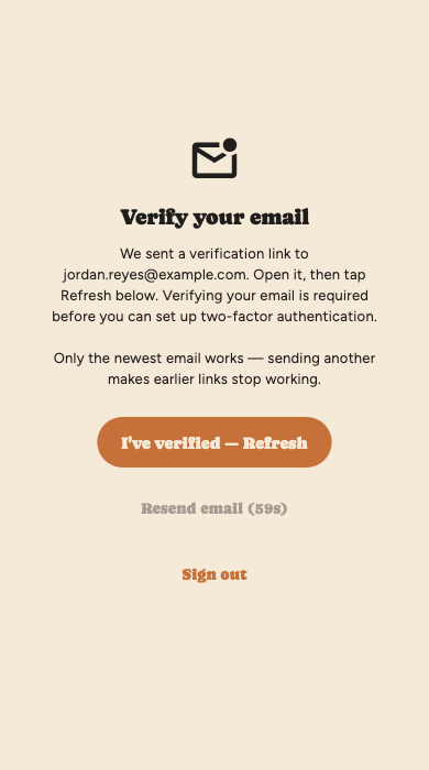 The Verify your email screen, with a Refresh button and a Resend email countdown.