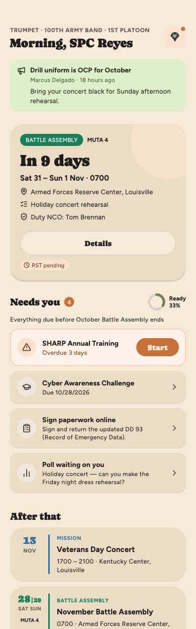 The Today tab: an announcement, the next Battle Assembly with an RST pending, and a Needs you list with training, paperwork and a poll.