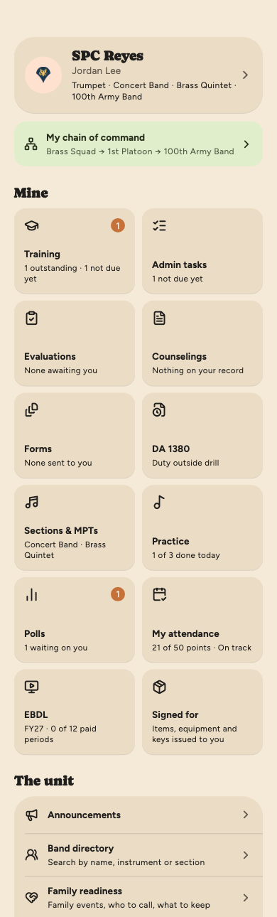 The More screen: your name at the top, a chain of command bar, a grid of your own items, then The unit and Account lists.