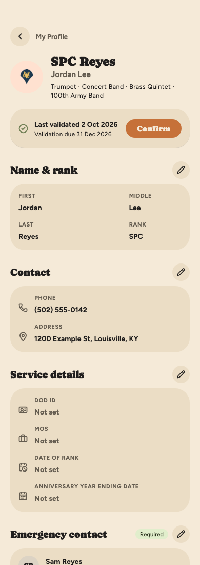 The profile screen: name and rank, a validation card with a Confirm button, then Name and rank, Contact, Service details and Emergency contact sections.