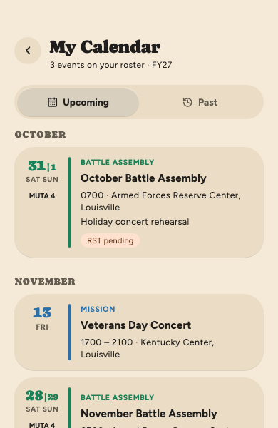 My Calendar, listing October and November Battle Assemblies and a Veterans Day Concert.