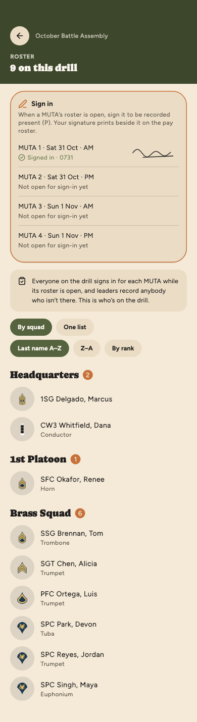 A drill's roster as a soldier sees it: 9 on this drill, the Sign in card with MUTA 1 signed at 0731 and the other three not open yet, a note that everyone signs in while a MUTA's roster is open, then Headquarters, 1st Platoon and Brass Squad, each person with their rank insignia, name and instrument.