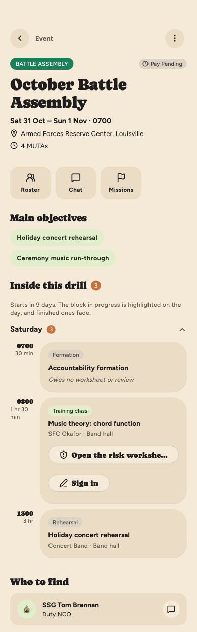 An event's detail page showing its objectives, the Saturday schedule and the duty NCO.