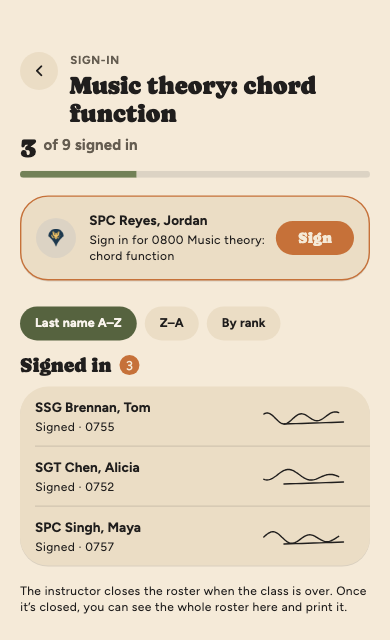 A class's sign-in roster on your own phone: your line with a Sign button, and the three signatures made so far.