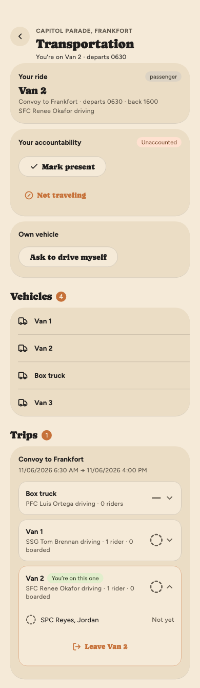 Event transportation for the Capitol Parade: your ride in Van 2 on the convoy to Frankfort, departing 0630 with SFC Okafor driving; Mark present and Not traveling; Ask to drive myself; the four vehicles; and the convoy's box truck, Van 1 and Van 2, with Van 2 opened to show you aboard and a Leave Van 2 button.