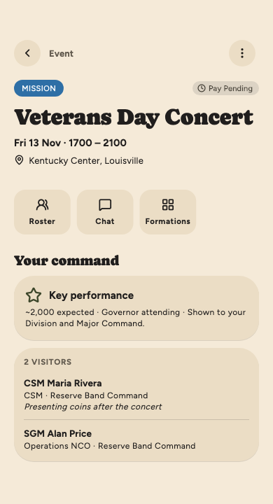 A concert's detail page with a Your command section: Key performance, about 2,000 expected and the Governor attending, then two visitors from the Major Command, one presenting coins after the concert.