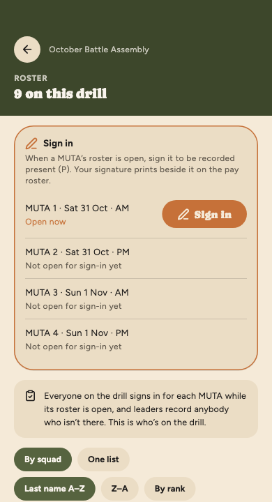 The Sign in card at the top of a drill's roster: MUTA 1, Saturday morning, says Open now with a Sign in button, and MUTAs 2 to 4 aren't open for sign-in yet.