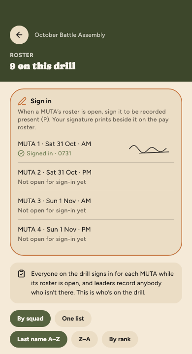 The same card after signing: MUTA 1 reads Signed in at 0731 with the soldier's signature beside it.