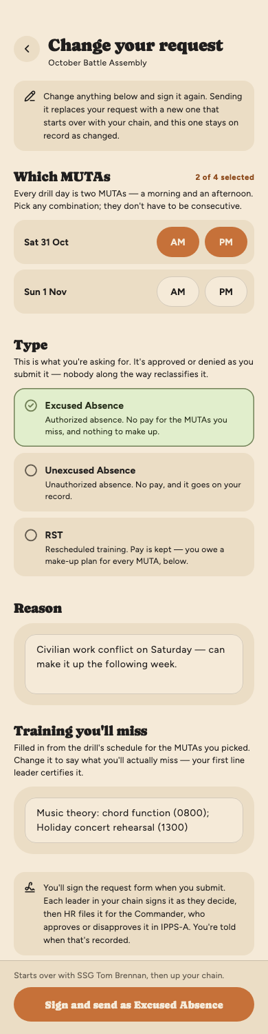 Change your request, for the October Battle Assembly: a note that sending it replaces the request with a new one that starts over with the chain, Saturday's AM and PM still selected, the type switched from RST to Excused Absence, the reason and training missed filled in from the original, and Starts over with SSG Tom Brennan above a Sign and send as Excused Absence button.