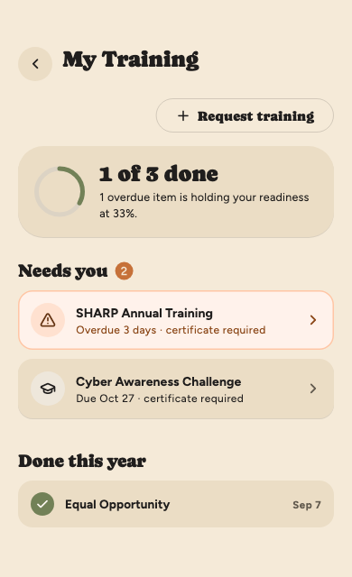 My Training, 1 of 3 done, with SHARP overdue and Cyber Awareness due soon.