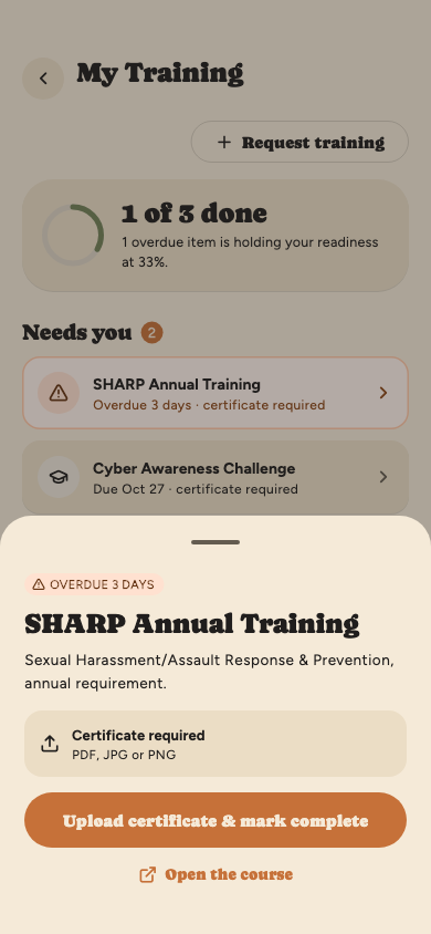 A training's detail sheet with an Upload certificate and mark complete button and an Open the course link.