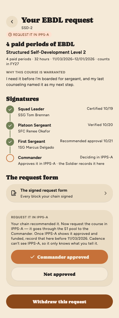 An EBDL request the chain recommended: the squad leader certified, the platoon sergeant verified and the first sergeant recommended approval, with the commander deciding in IPPS-A; then the Request it in IPPS-A card with Commander approved and Not approved buttons, and Withdraw this request.