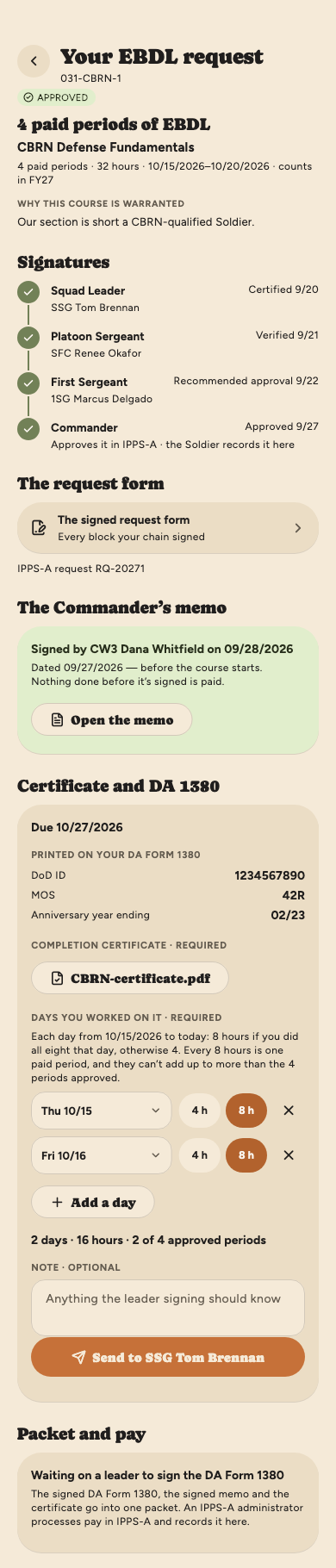A finished, approved EBDL course with the memo signed. Under Certificate and DA 1380: the DoD ID, MOS and anniversary year ending date the form prints, the chosen certificate, two days of 8 hours (16 hours, 2 of 4 approved periods), an optional note, and Send to SSG Tom Brennan.