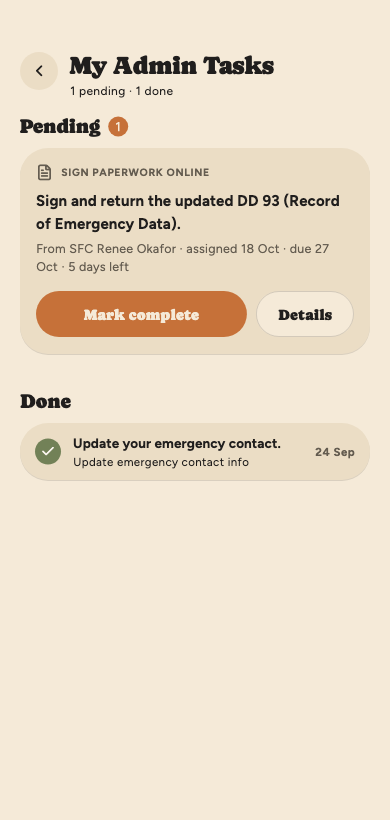 My Admin Tasks with one pending task, paperwork with its Mark complete button, and a completed task below.