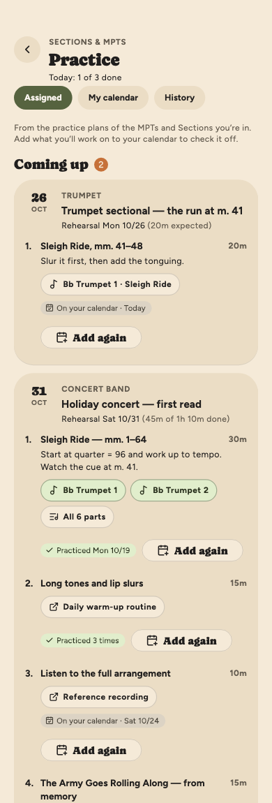 Assigned practice: a Trumpet sectional plan with one item on your calendar today, and a Concert Band plan whose items show linked music parts, warm-up and recording links, Practiced and Practiced 3 times labels, an On your calendar label, and an Add again button beside each item already on your calendar.