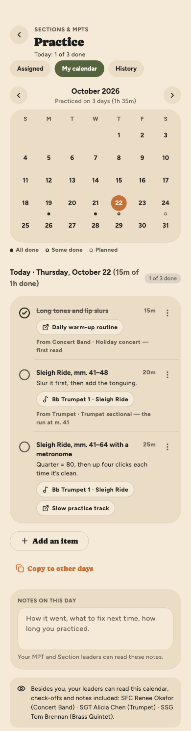 My practice calendar: a month with marked days, today's three items with one checked off and 15 minutes of an hour done, a notes box, and a note naming the leaders who can see it.