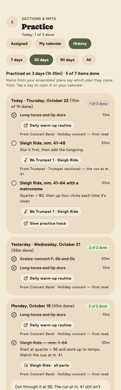 Practice history: 30 days selected, practiced on 3 days for 1 hour 35 minutes with 5 of 7 items done, then today, yesterday and Thursday, each listing its items, checked-off ones struck through, and the plan each assigned item came from.