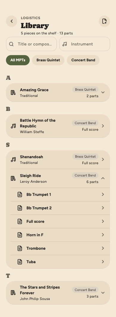 The music library: five pieces grouped by first letter, Sleigh Ride opened to its six parts, and filters for title, instrument and MPT.