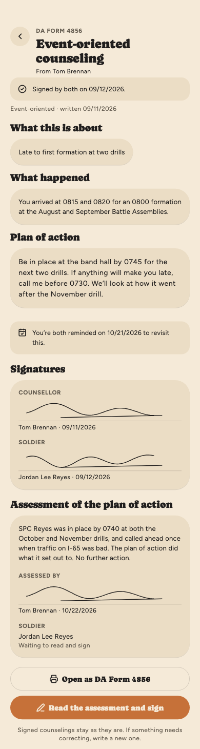 A signed event-oriented counseling about being late to formation, with SSG Brennan's assessment of the plan of action beneath the signatures, his signature on it, the soldier's line waiting to read and sign, and a Read the assessment and sign button.