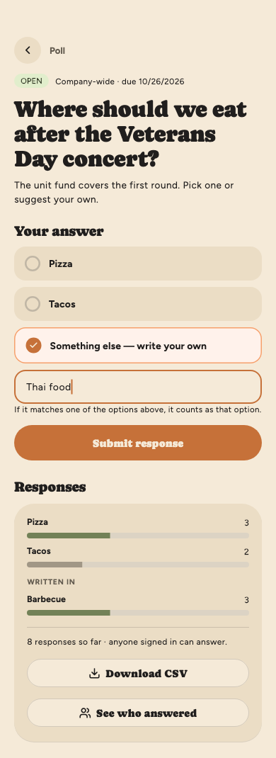 A poll with Pizza and Tacos options, Something else selected with Thai food typed in, and results below including a Written in section and a Download CSV button.