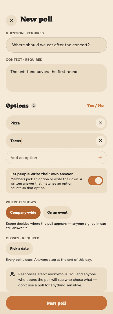 The New poll form with a question, context, Pizza and Tacos options, and the Let people write their own answer switch turned on.