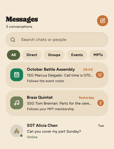 The Messages tab: a search box, the All, Direct, Groups, Events and MPTs pills, and an event chat in its Battle Assembly green, an MPT chat and a direct message, with unread counts.