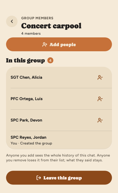 A group's members: Add people at the top, four members each with a remove button except you, and Leave this group at the bottom.