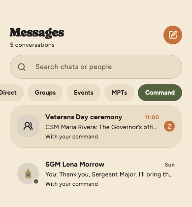 The Messages tab, below its search box, on the Command pill: a group about the Veterans Day ceremony started by the command's CSM, and a direct message with the Division's sergeant major, each marked With your command.