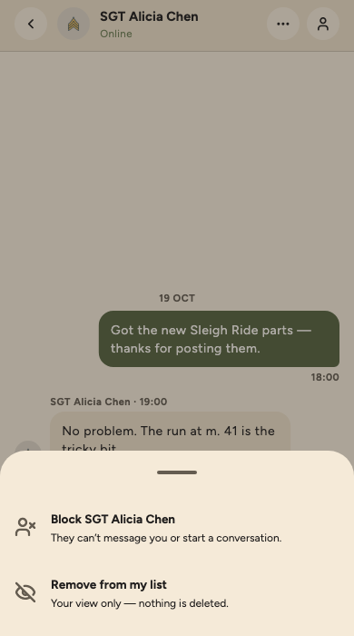 The same conversation's menu: Block SGT Alicia Chen, so they can't message you or start a conversation, and Remove from my list, your view only.