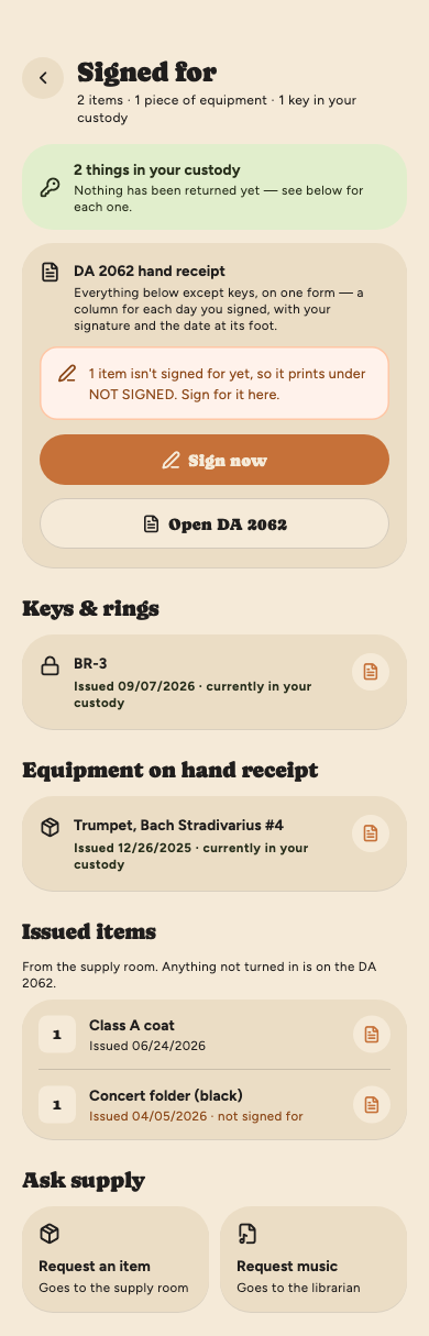 The Signed for screen: the DA 2062 hand receipt card with Sign now for one item not yet signed for and Open DA 2062, then a key, a trumpet on loan, and two issued items, the concert folder marked not signed for.