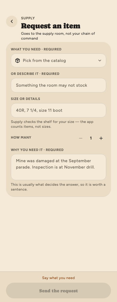 The Request an item form: catalog picker, description, size, quantity and reason.