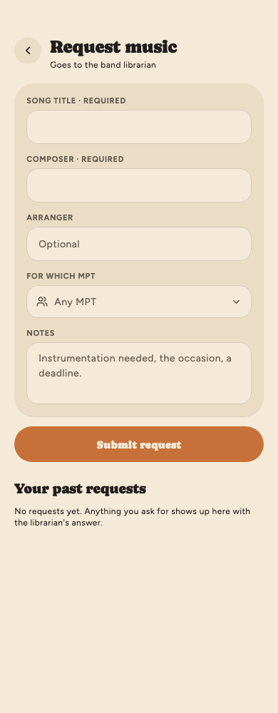 The Request music form: song title, composer, arranger, MPT and notes.
