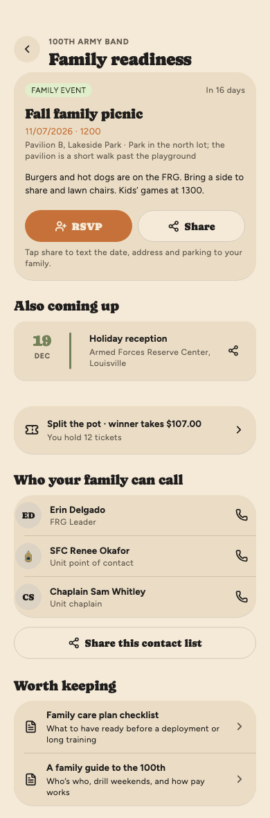 Family readiness: a fall family picnic with RSVP and Share buttons, a holiday reception coming up, a split-the-pot card showing 12 tickets held, three family contacts with call buttons, and two documents worth keeping.