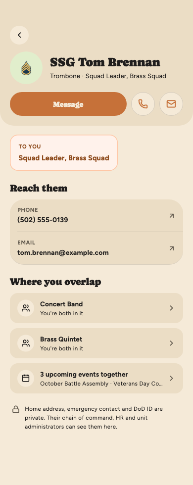 SSG Tom Brennan's profile: a To you card saying Your Squad Leader, phone and email, shared ensembles and events, and a note that restricted details are private.