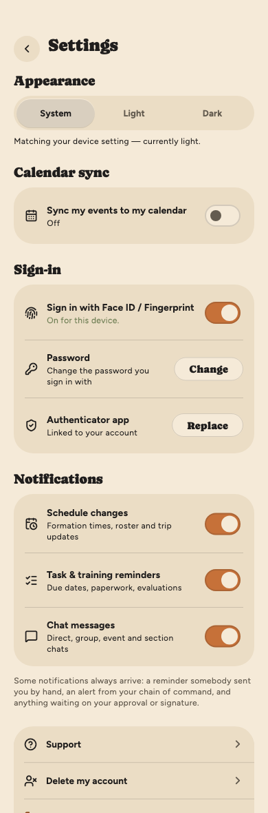 Settings: Appearance, Calendar sync, Sign-in and Notifications sections.