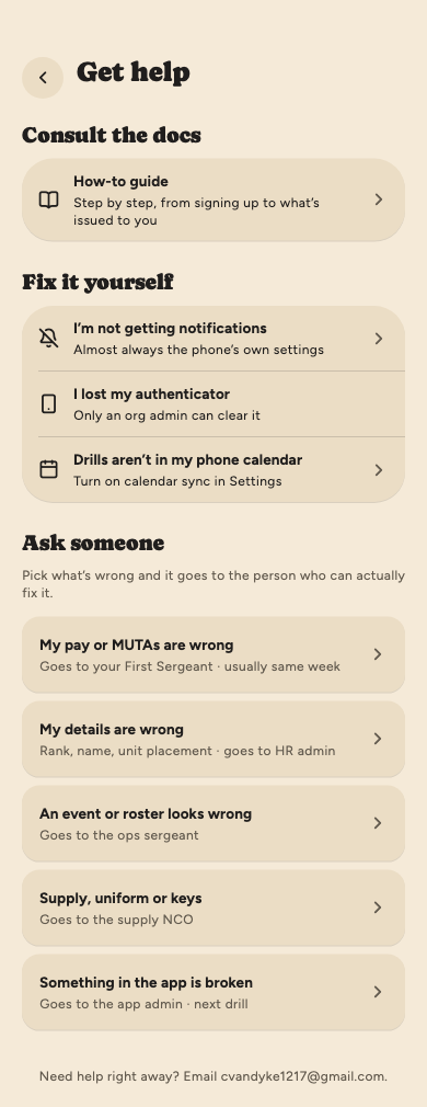 The Get help screen: a How-to guide link under Consult the docs, then Fix it yourself answers and Ask someone categories.