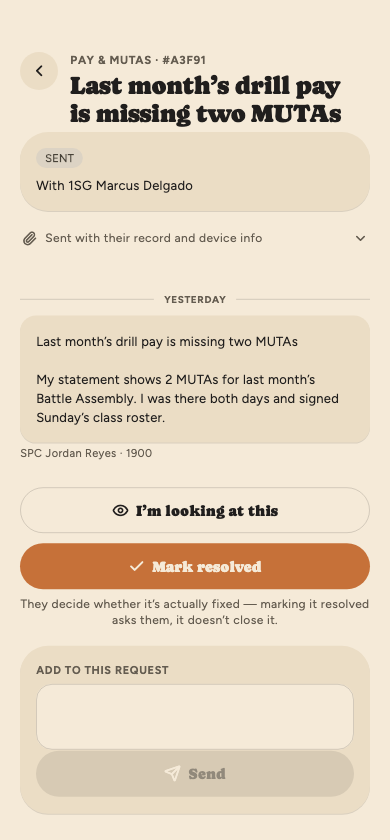 A pay request from SPC Reyes as the first sergeant sees it: the request, I'm looking at this, Mark resolved, and a box to reply.