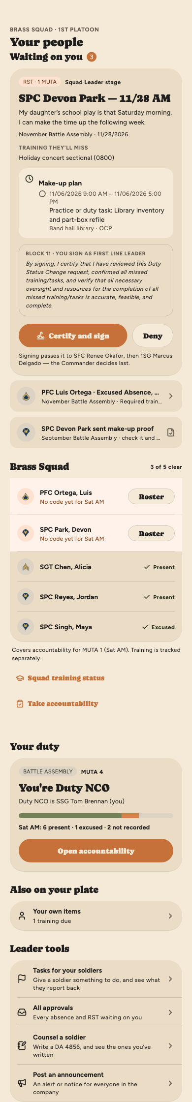 The Squad tab for a squad leader: an RST waiting with the training it misses, the make-up plan, the form's block 11 statement they sign as first line leader, and Certify and sign and Deny buttons with a line saying the commander decides last, then an excused absence and SPC Park's make-up proof waiting to be confirmed, the squad with two soldiers who have no code yet for Saturday morning's MUTA, the Duty NCO card with 6 present, 1 excused and 2 not recorded, and Leader tools.