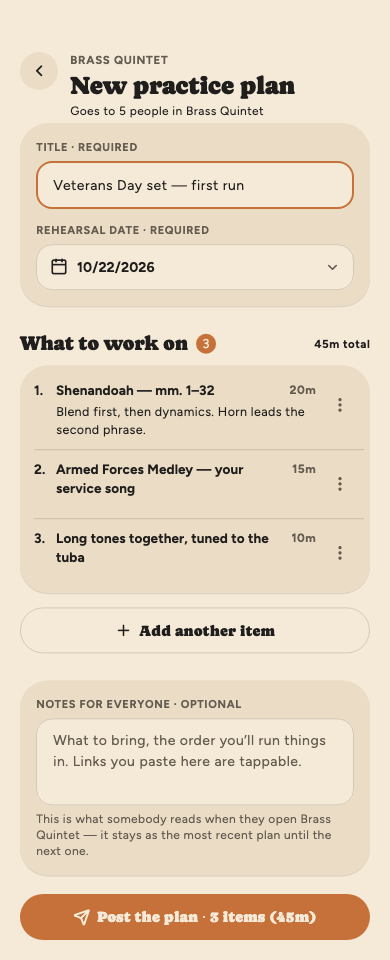 A new practice plan for the Brass Quintet with a title, a rehearsal date, three timed items adding up to 45 minutes, and a Post the plan button.
