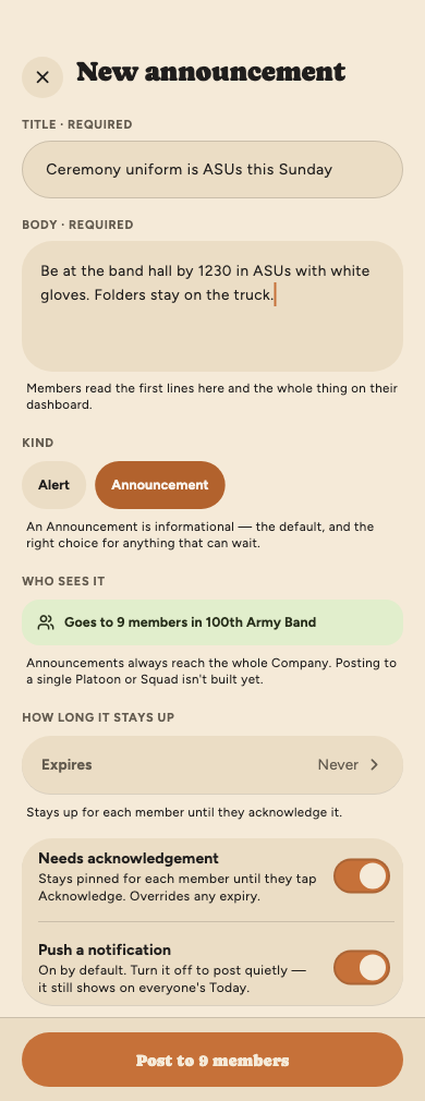 The New announcement form with a title and body typed in, Announcement chosen, the whole company as the audience, and Needs acknowledgement turned on.