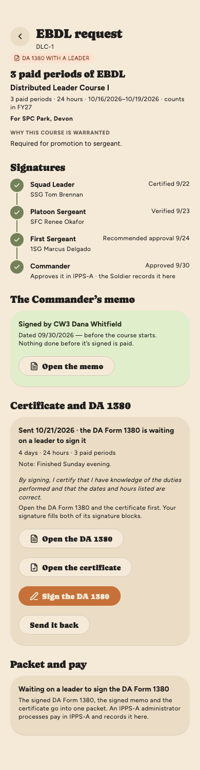 SPC Park’s finished EBDL course as a leader sees it: the memo signed, the certificate and three days sent, the statement a leader certifies, Open the DA 1380 and Open the certificate, then Sign the DA 1380 and Send it back.