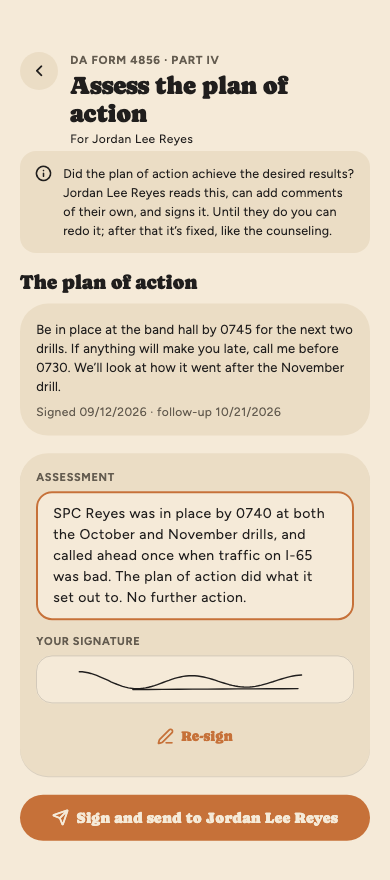 Assessing the plan of action for SPC Reyes: the plan of action from the counseling, the assessment written beneath it, a signature, and Sign and send to Jordan Lee Reyes.
