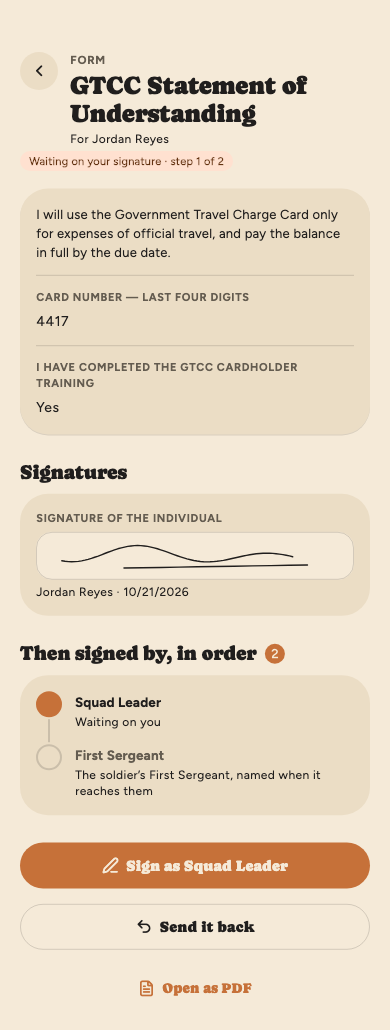 SPC Reyes's GTCC Statement of Understanding as their squad leader sees it: waiting on your signature, step 1 of 2; the statement and their answers; their signature; then signed by, in order, the Squad Leader (waiting on you) and the First Sergeant, named when it reaches them; Sign as Squad Leader and Send it back.