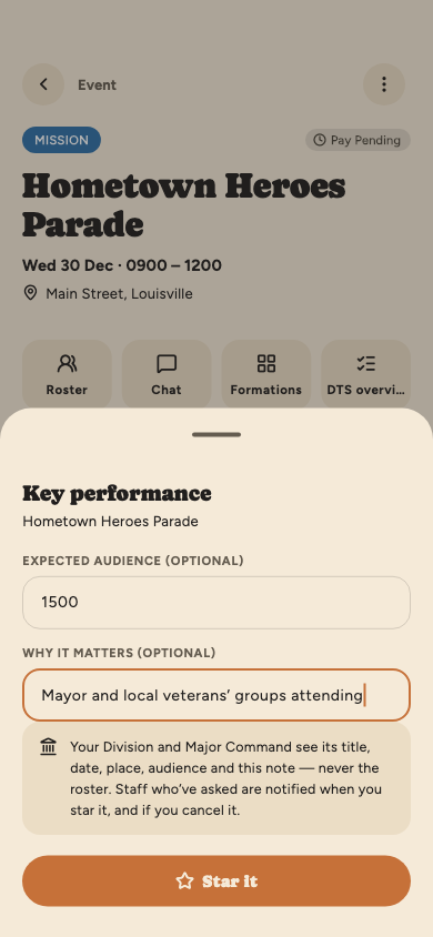 Starring the Hometown Heroes Parade: an expected audience of 1500 and a note that the mayor and local veterans' groups are attending, above a Star it button.