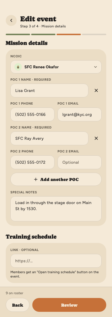 Editing the Veterans Day Concert, step 3 of 4, Mission details: SFC Renee Okafor as NCOIC, two points of contact (the venue's Lisa Grant with a phone and email, and SFC Ray Avery with a phone), an Add another POC button, and special notes about load-in.