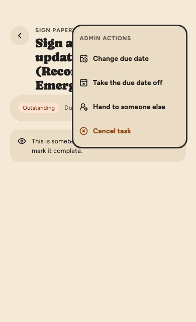 An HR admin on a soldier's overdue paperwork task with the ⋮ menu open: under Admin actions, Change due date, Take the due date off, Hand to someone else, and Cancel task.
