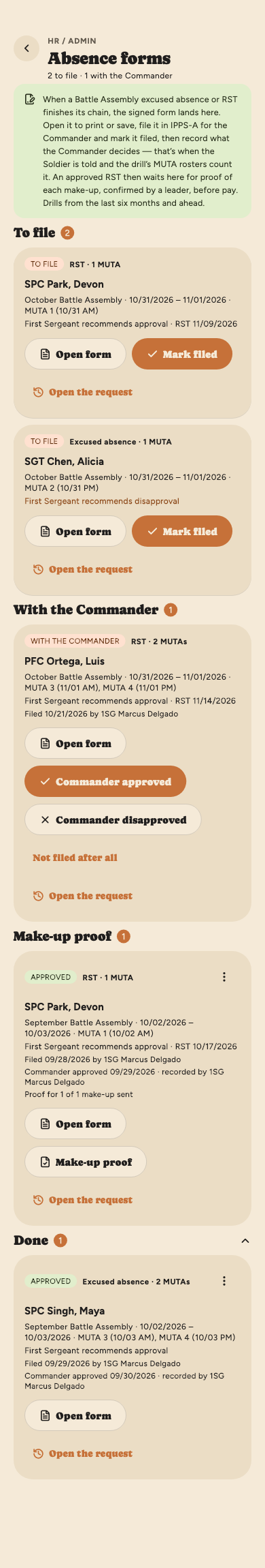Absence forms for an HR admin: two signed forms from the October drill to file, SPC Park's RST recommended for approval and SGT Chen's excused absence recommended for disapproval, each with Open form, Mark filed and an Open the request link; PFC Ortega's RST filed and with the commander, with Commander approved and Commander disapproved buttons; SPC Park's September RST, approved, under Make-up proof with proof for 1 of 1 make-up sent and a Make-up proof button; and below them SPC Singh's form from September, which the commander approved.
